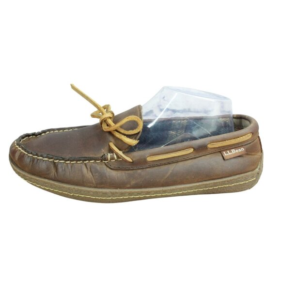 LL Bean Brown Leather Flexible Handsewn Slippers Flannel-Lined Size 7 M - Picture 1 of 9